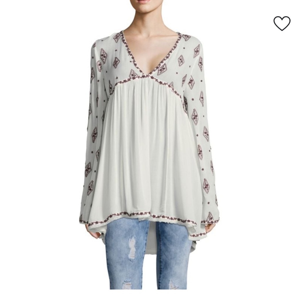 Free People Embroidered Diamond Key Hole Burgundy Cream Raw Hem Tunic Top,Small - Picture 2 of 14